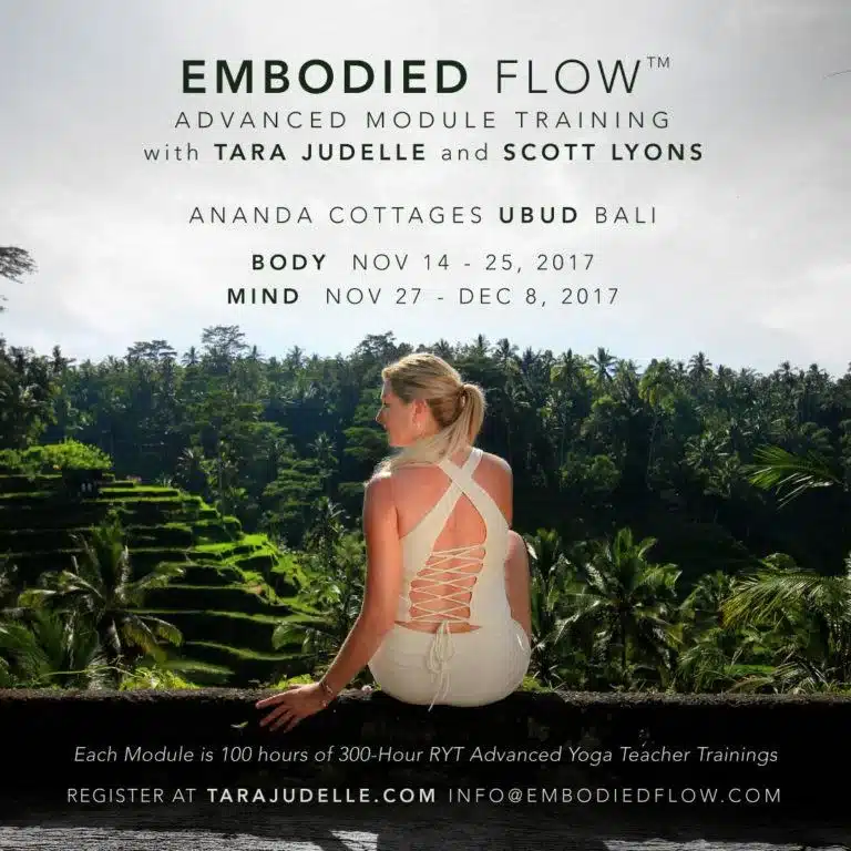 My first Embodied Flow Masterclass in LA in five years will be at Wanderlust this October . We are also happy to announce Embodied Flow’s Movement Therapy Program also in Bali in December. This program qualifies practitioners to become an ISMETA therapist and will be lead by my partner in Embodied Flow, Dr. Scott Lyons. Our next 200 hour Embodied Flow Training is in Goa, India at the fabulous center of Samata . With a vision, a commitment, a desire to preserve ancient practices, and a willingness and dedication to share that with the world – I haven’t been so inspired by a mission that is truly on point with yoga as I have been here. All proceeds from this retreat center go to their sustainable farming and dedication to save precious healing herbs in the high himalayas. In February 2018, Ally Bogard and I return for another Retreat at Samata . This week long journey will focus on internal referencing and mapping our ways into the felt sense of being. Through daily yoga, meditation, breath work and wisdom teachings we will move towards a clearer understanding of the infinite and renewable resources that live inside.